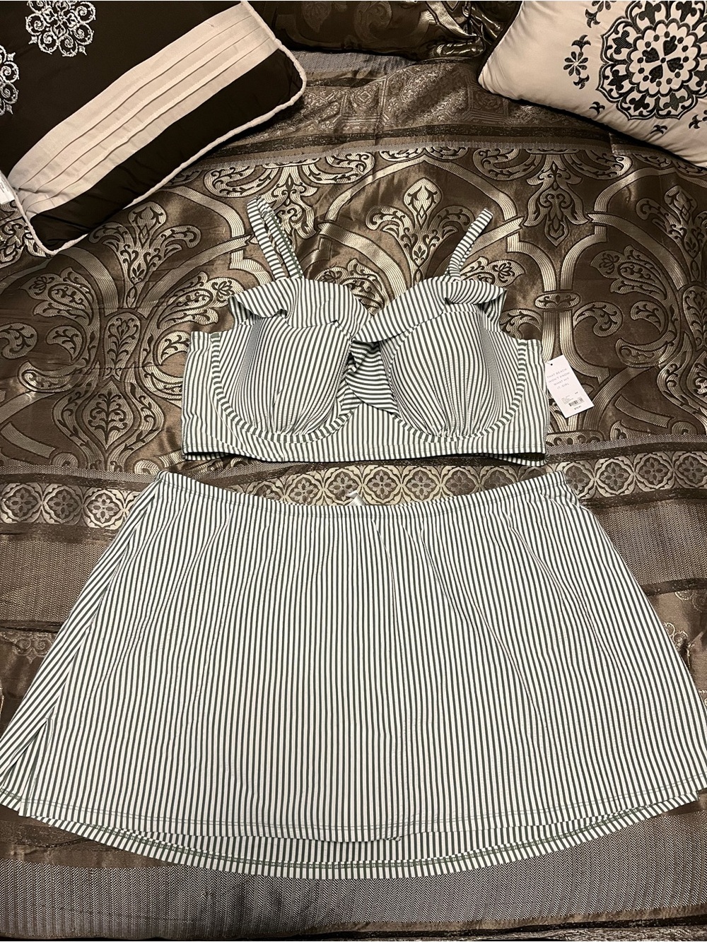 Lane Bryant, Cacique, 2 Pc Swim Set. Bra & Skirt, Green/White Stripe Size 3X NWT